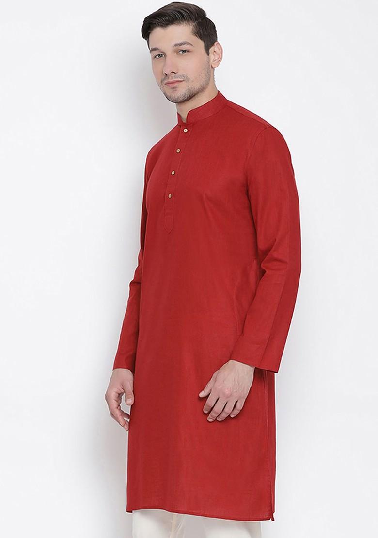 Red Solid Poly Blend Kurta For Men