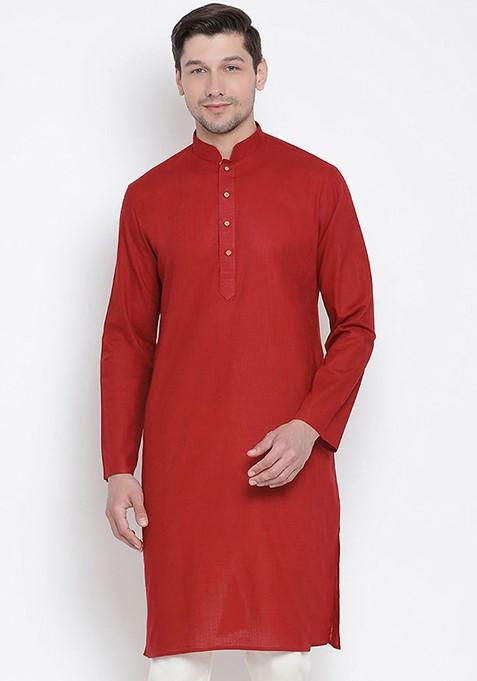 Red Solid Poly Blend Kurta For Men — view on Indya
