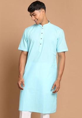 Turquoise Blue Solid Cotton Kurta For Men