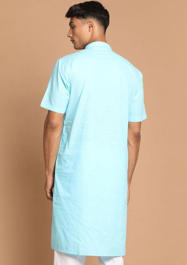 Turquoise Blue Solid Cotton Kurta For Men