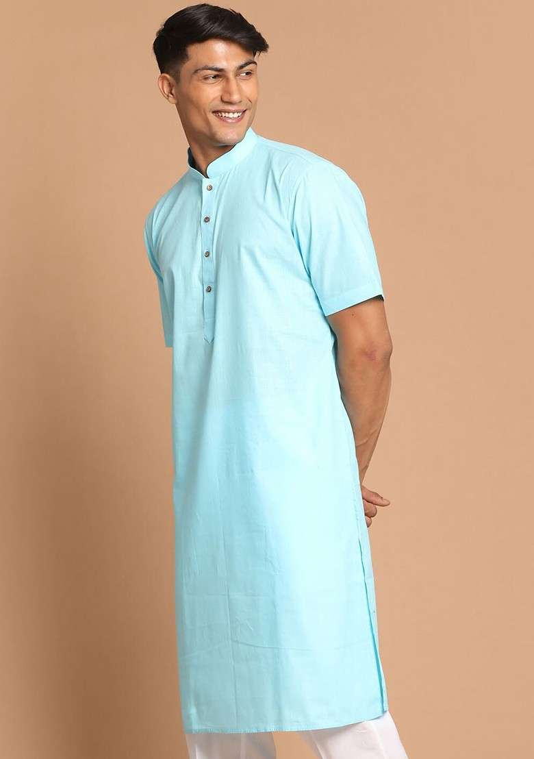 Turquoise Blue Solid Cotton Kurta For Men - Indya