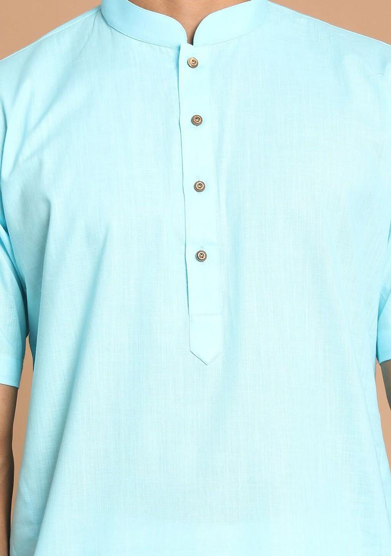 Turquoise Blue Solid Cotton Kurta For Men