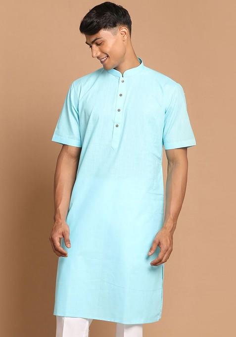 Turquoise Blue Solid Cotton Kurta For Men — view on Indya