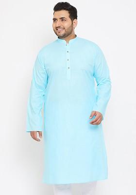 Turquoise Blue Solid Cotton Kurta For Men