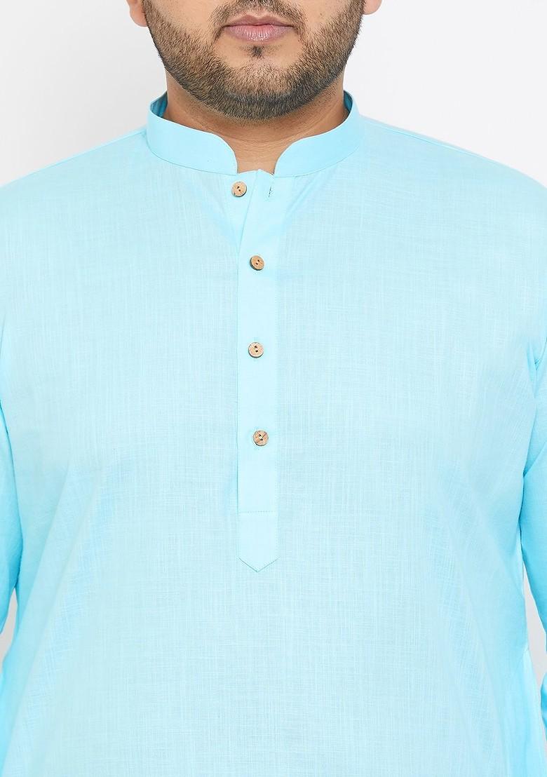 Turquoise Blue Solid Cotton Kurta For Men