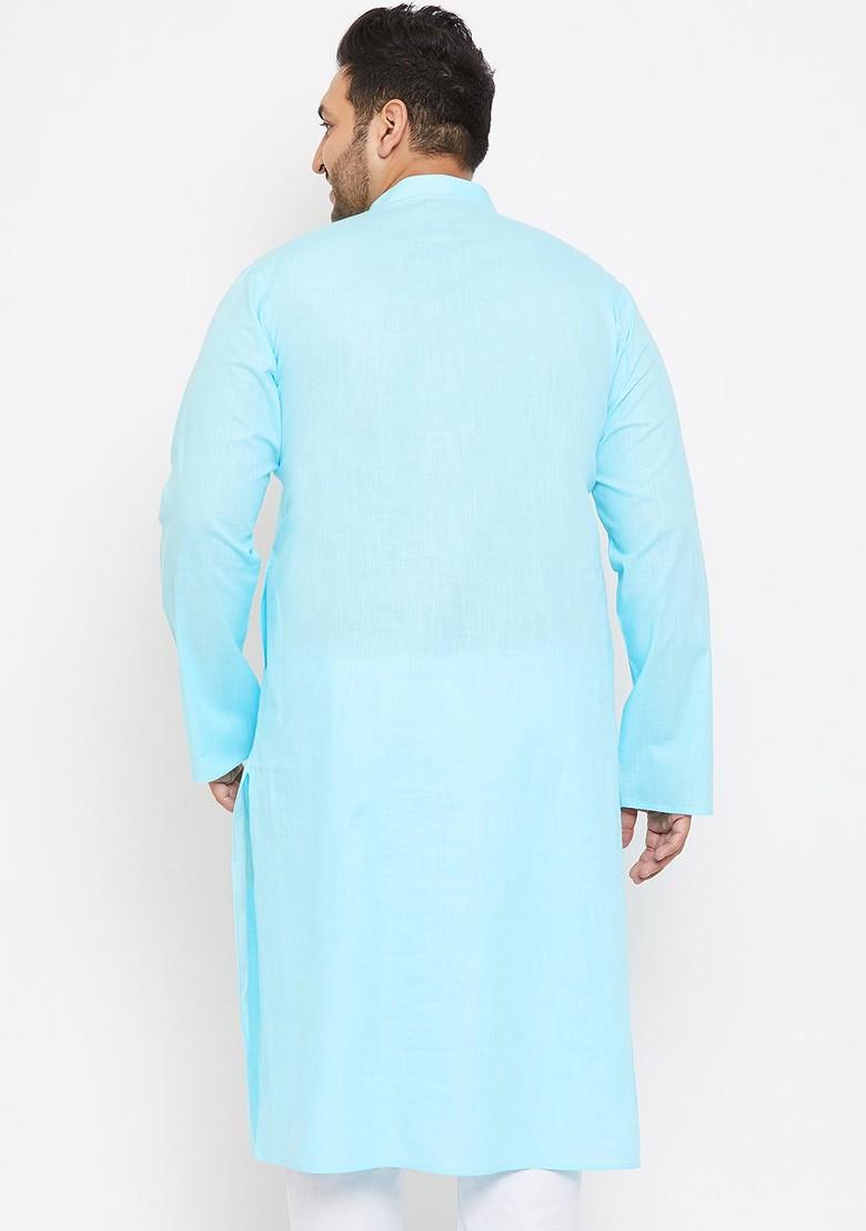 Turquoise Blue Solid Cotton Kurta For Men