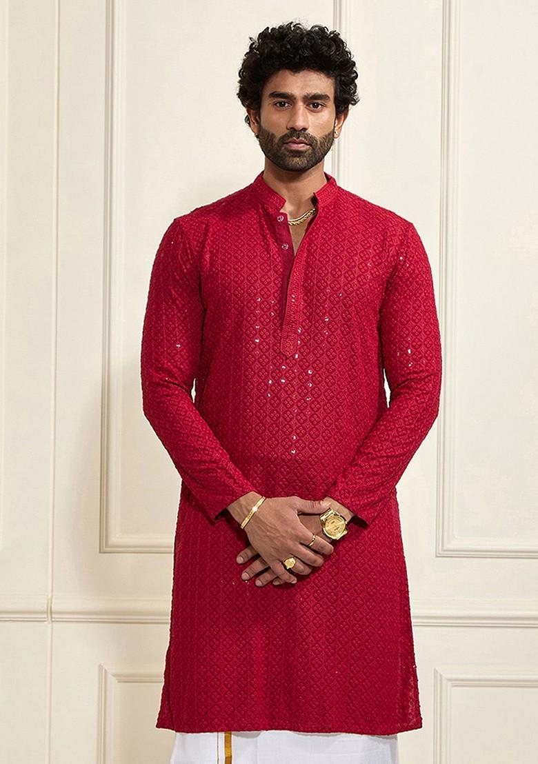 Maroon Ethnic Motifs Poly Blend Kurta For Men