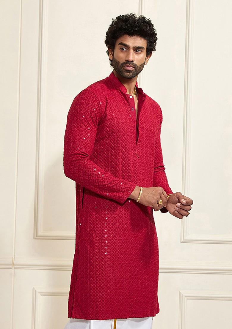 Maroon Ethnic Motifs Poly Blend Kurta For Men