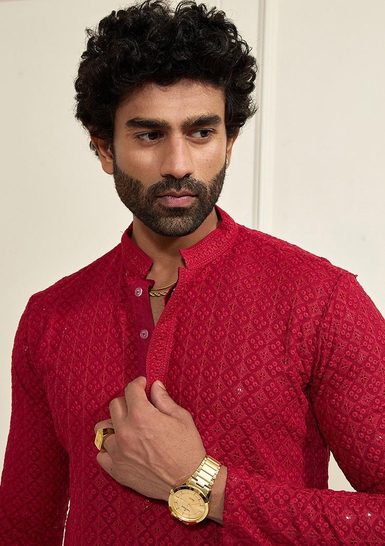 Maroon Ethnic Motifs Poly Blend Kurta For Men