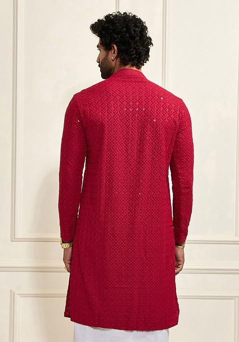 Maroon Ethnic Motifs Poly Blend Kurta For Men