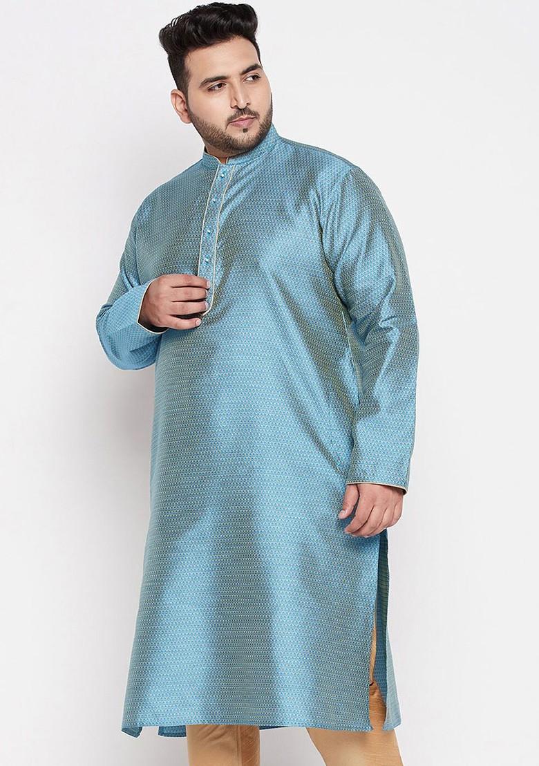 Blue Solid Silk Kurta For Men