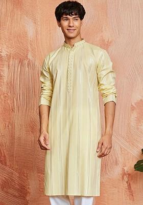 Yellow Embroidered Jacquard Kurta For Men