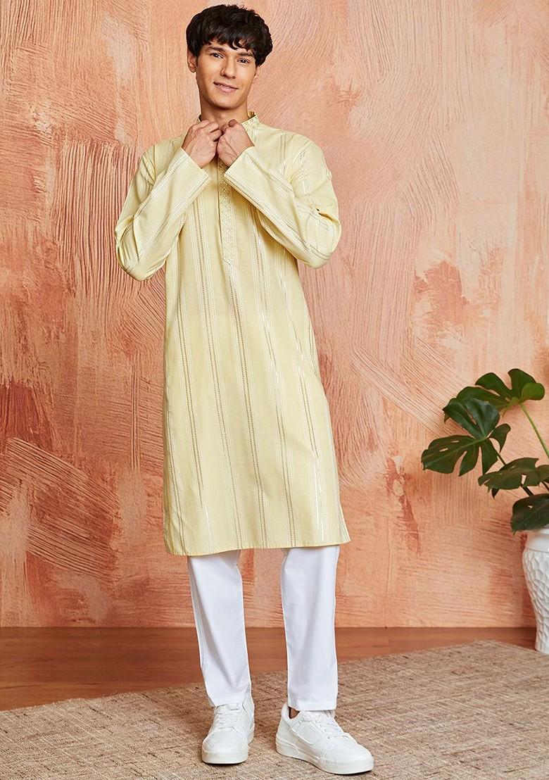 Yellow Embroidered Jacquard Kurta For Men