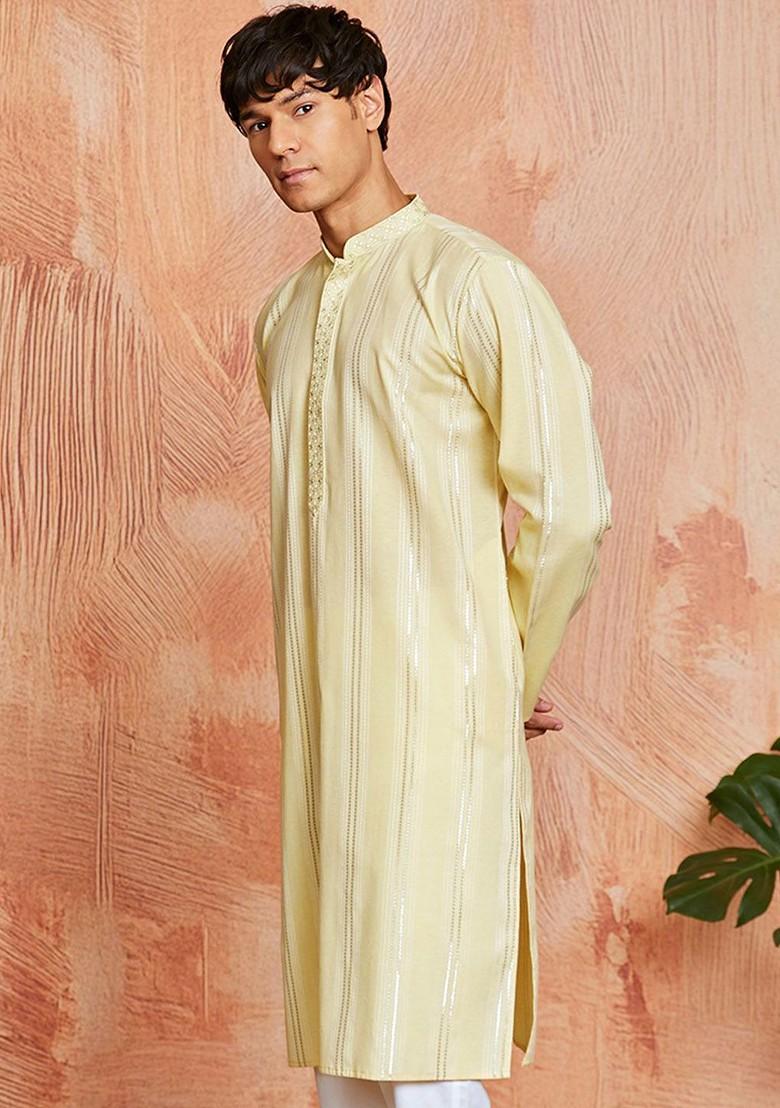 Yellow Embroidered Jacquard Kurta For Men