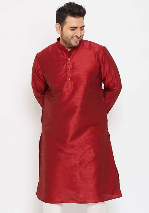 Maroon Solid Silk Blend Kurta For Men