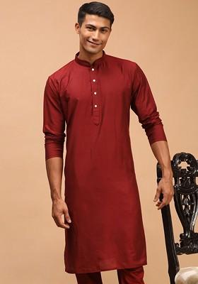 Maroon Solid Poly Blend Kurta For Men