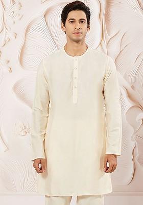 Cream Solid Poly Blend Kurta For Men