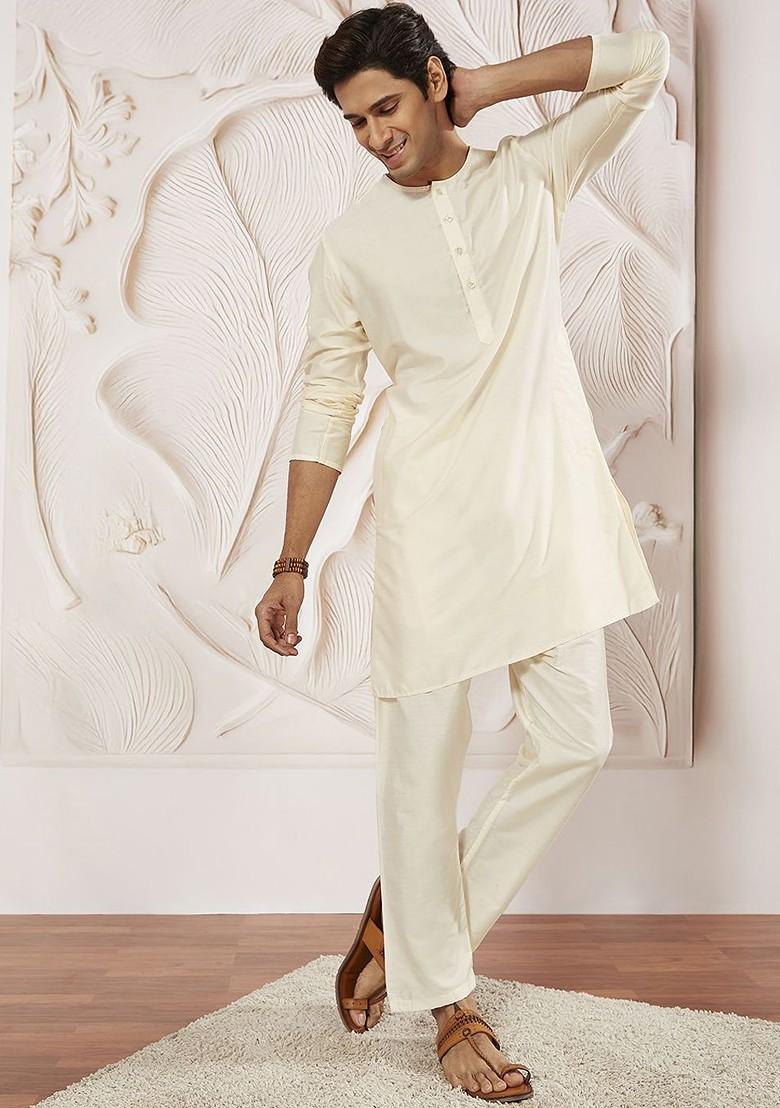 Cream Solid Poly Blend Kurta For Men