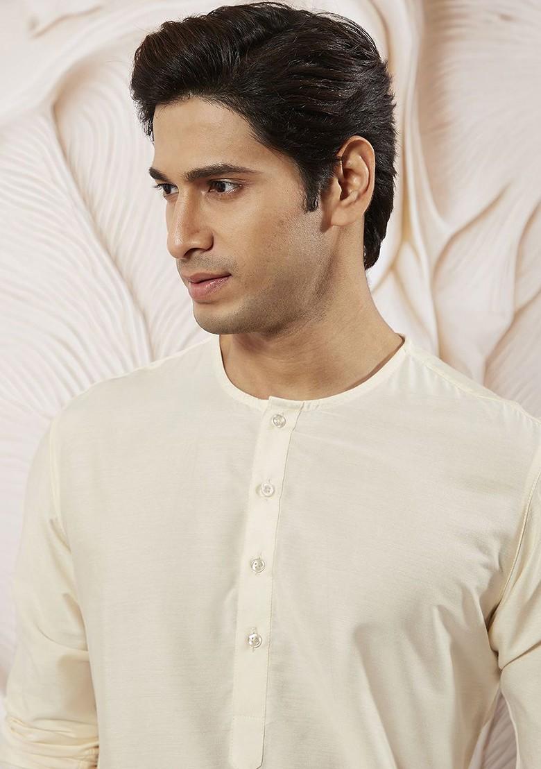 Cream Solid Poly Blend Kurta For Men