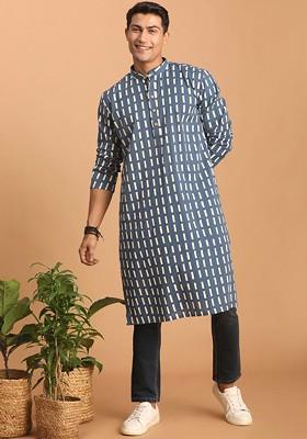 Blue Geometric Print Cotton Kurta For Men
