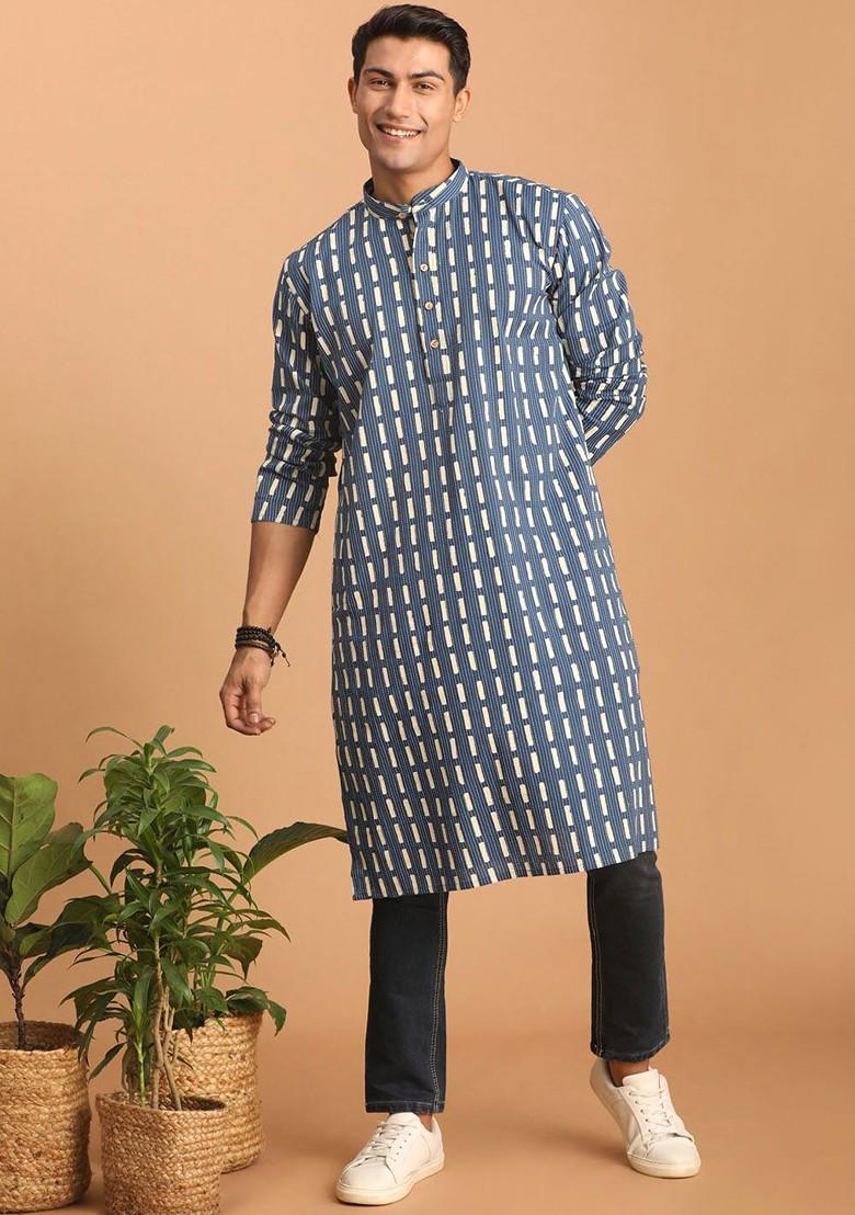 Blue Geometric Print Cotton Kurta For Men