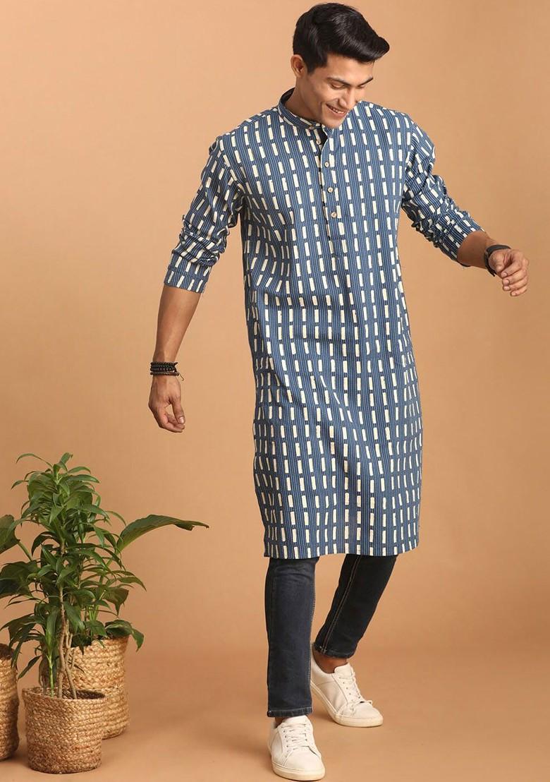Blue Geometric Print Cotton Kurta For Men