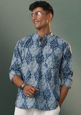 Blue Ethnic Motifs Poly Blend Kurta For Men