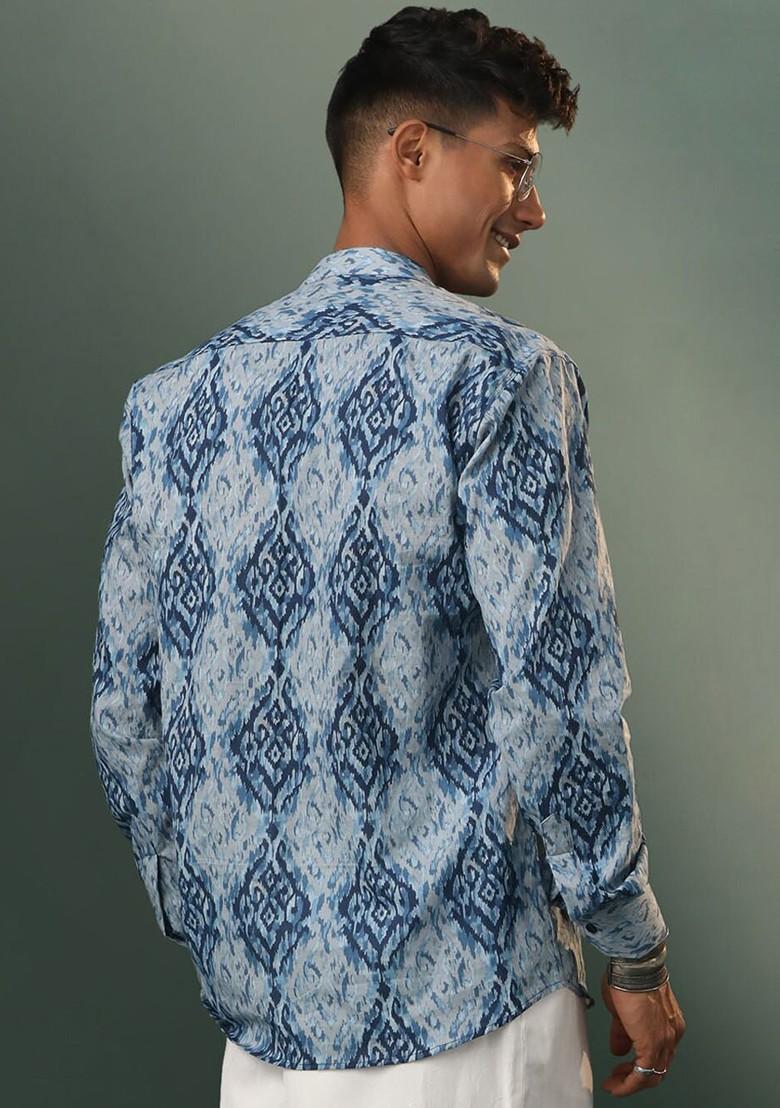 Blue Ethnic Motifs Poly Blend Kurta For Men