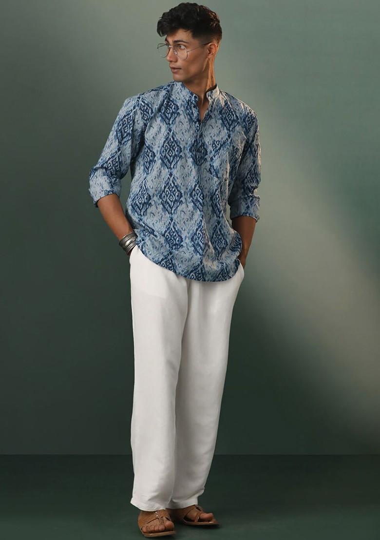 Blue Ethnic Motifs Poly Blend Kurta For Men