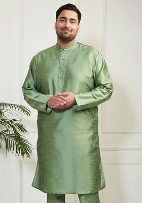 Green Thread Work Poly Blend Kurta For Men