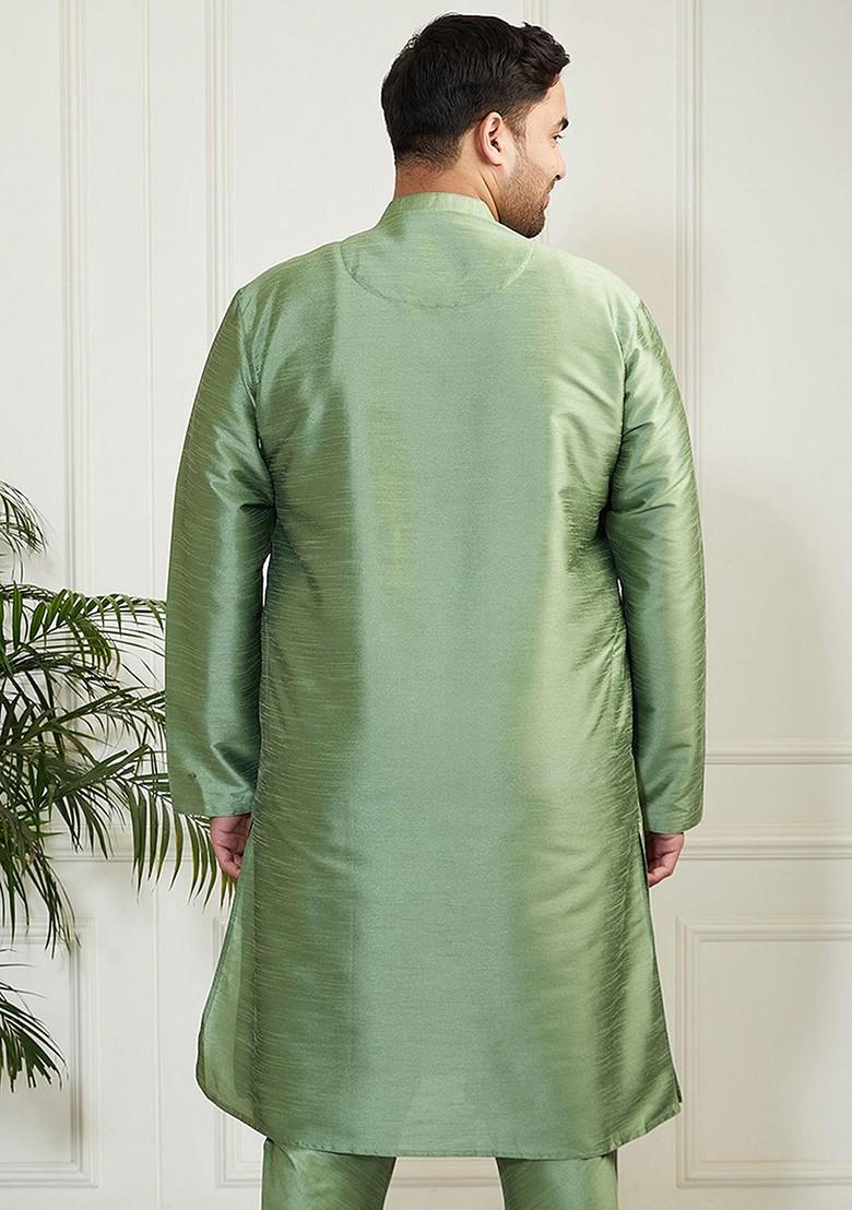 Green Thread Work Poly Blend Kurta For Men