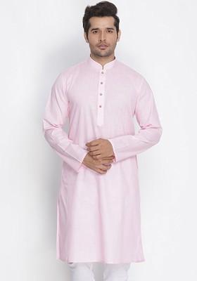 Pink Solid Poly Blend Kurta For Men