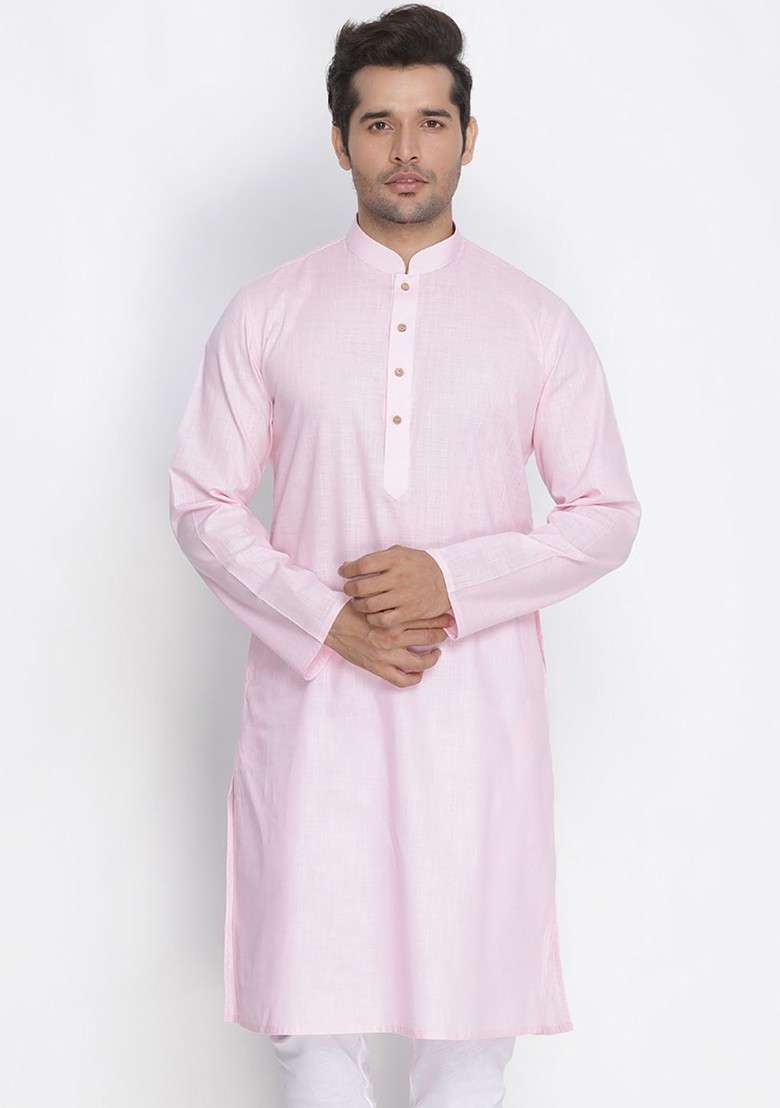 Pink Solid Poly Blend Kurta For Men - Indya