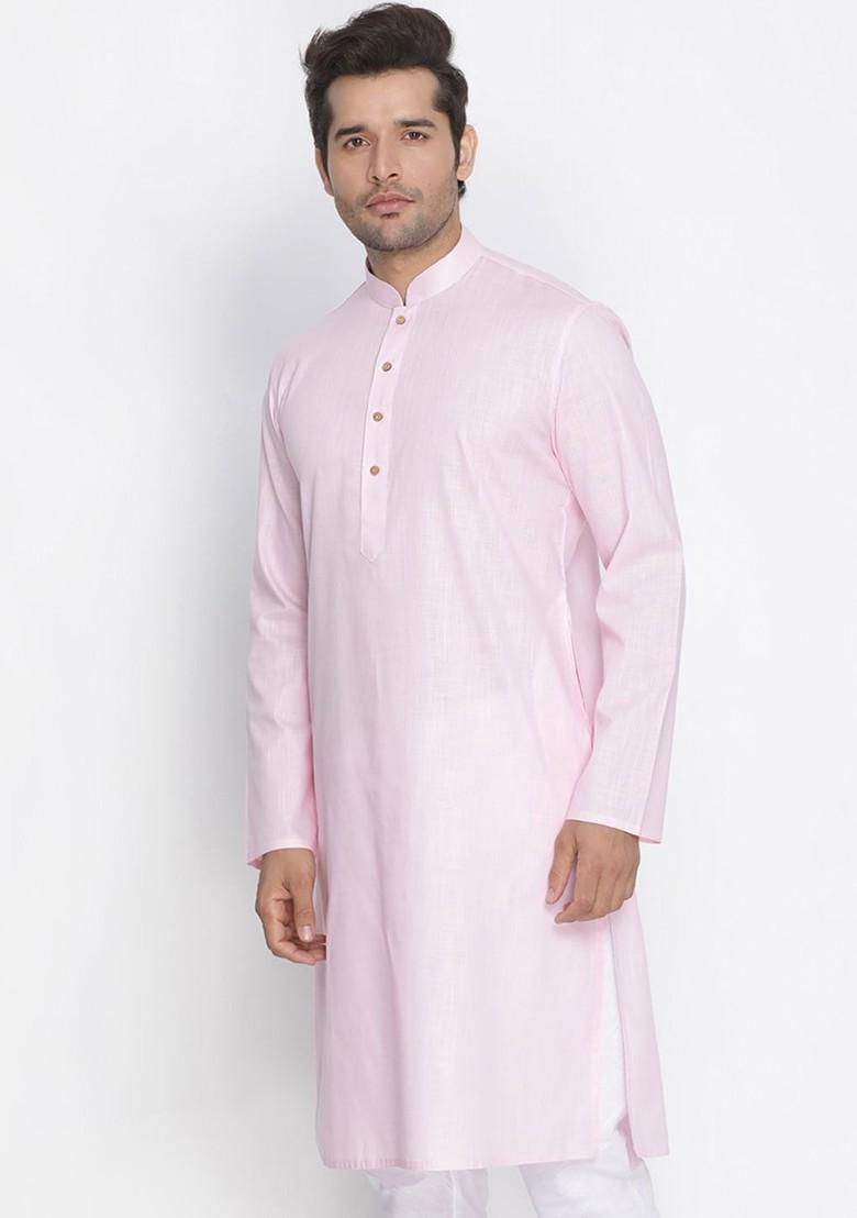 Pink Solid Poly Blend Kurta For Men