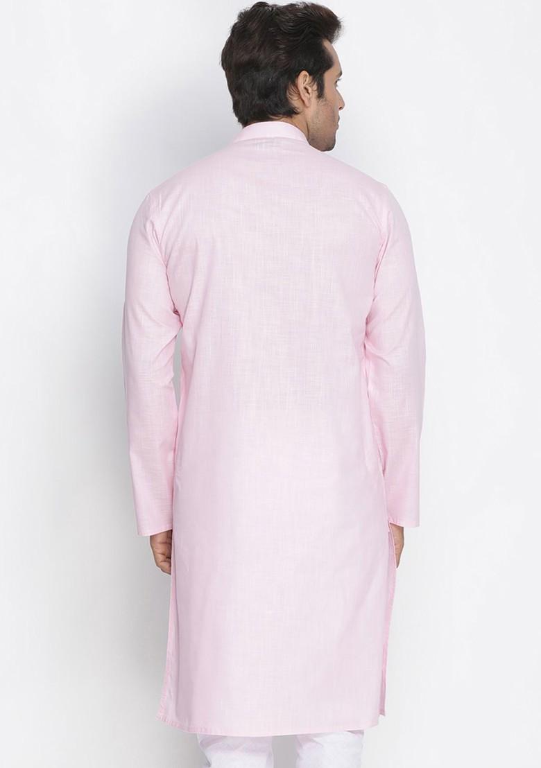 Pink Solid Poly Blend Kurta For Men