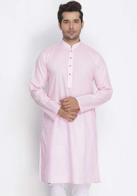 Pink Solid Poly Blend Kurta For Men