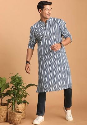 Blue Striped Cotton Kurta For Men