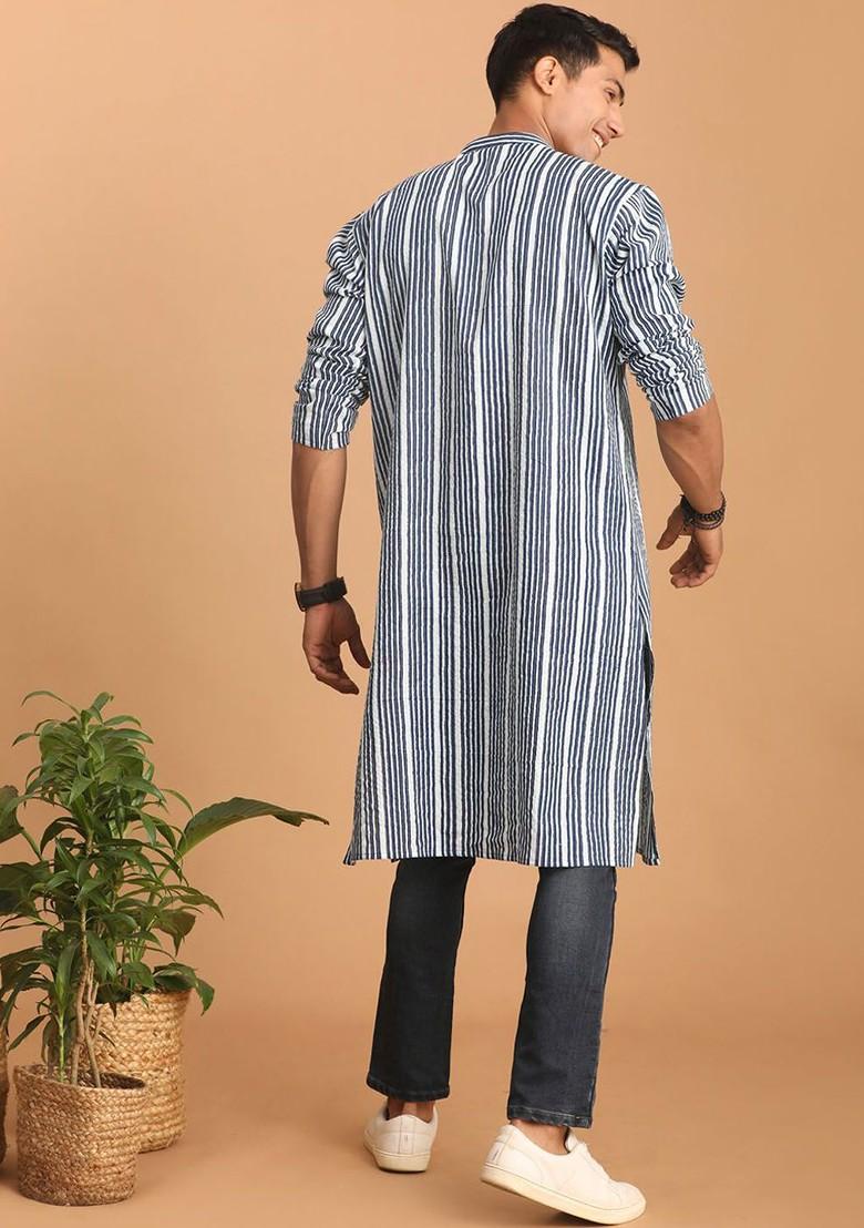 Blue Striped Cotton Kurta For Men