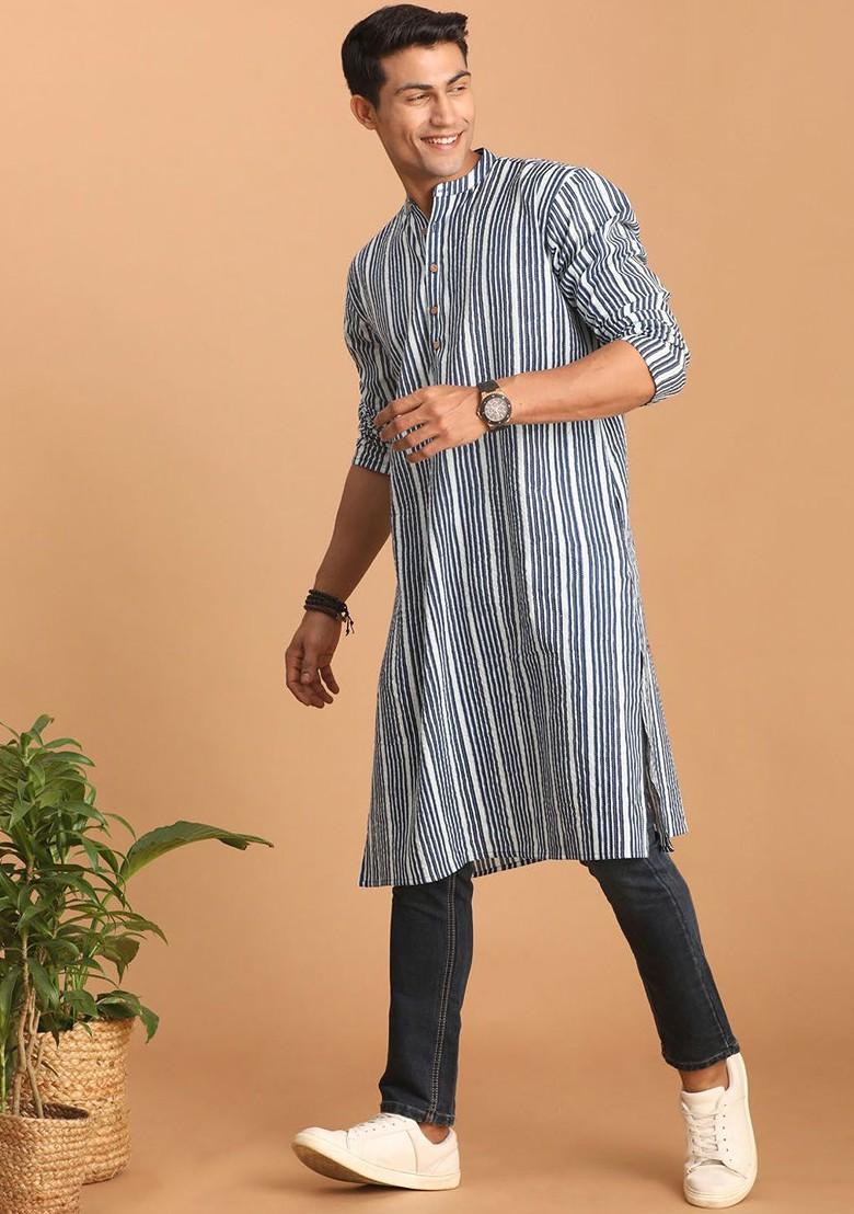 Blue Striped Cotton Kurta For Men