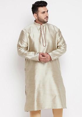 Beige Solid Silk Kurta For Men