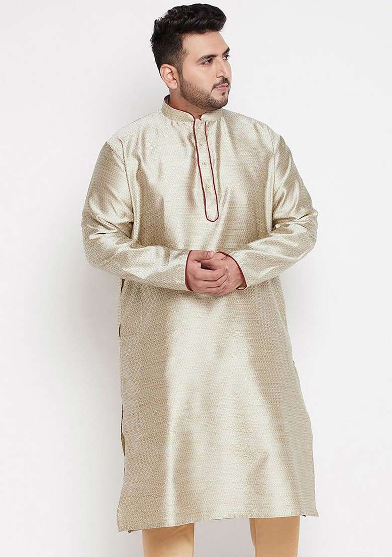 Beige Solid Silk Kurta For Men - Indya