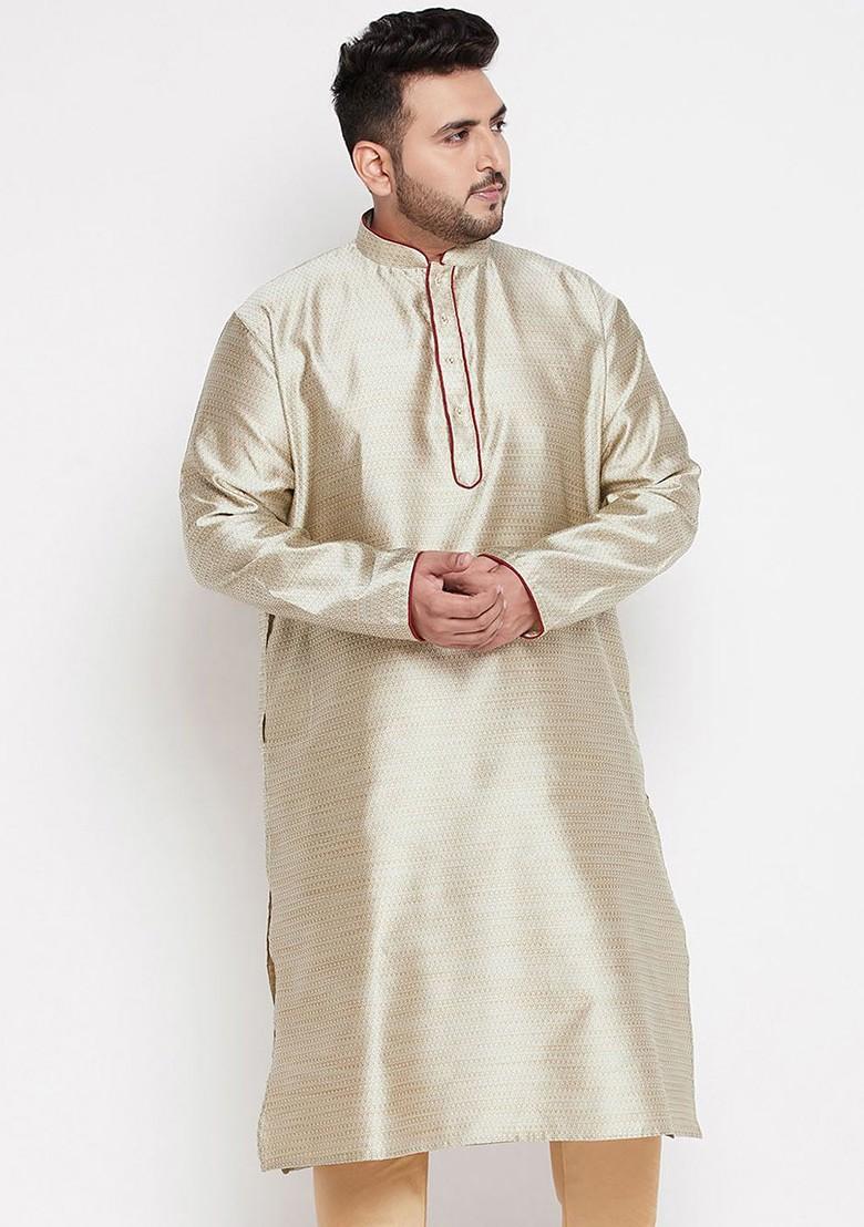 Beige Solid Silk Kurta For Men