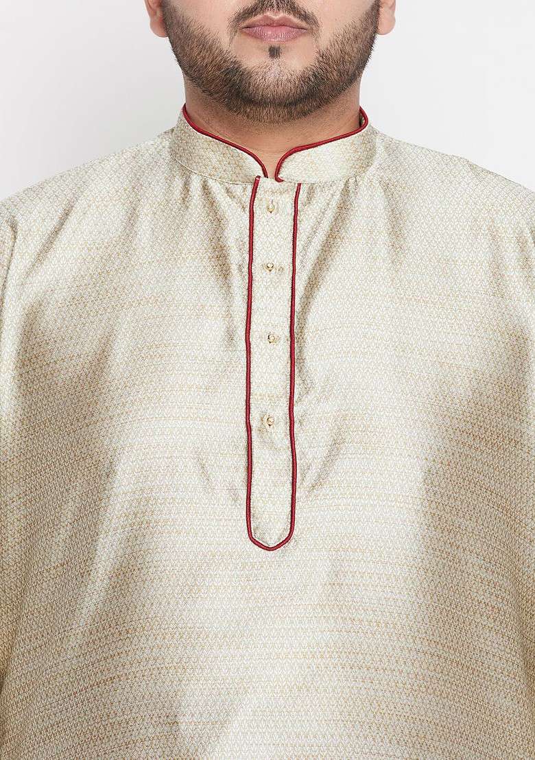 Beige Solid Silk Kurta For Men - Indya