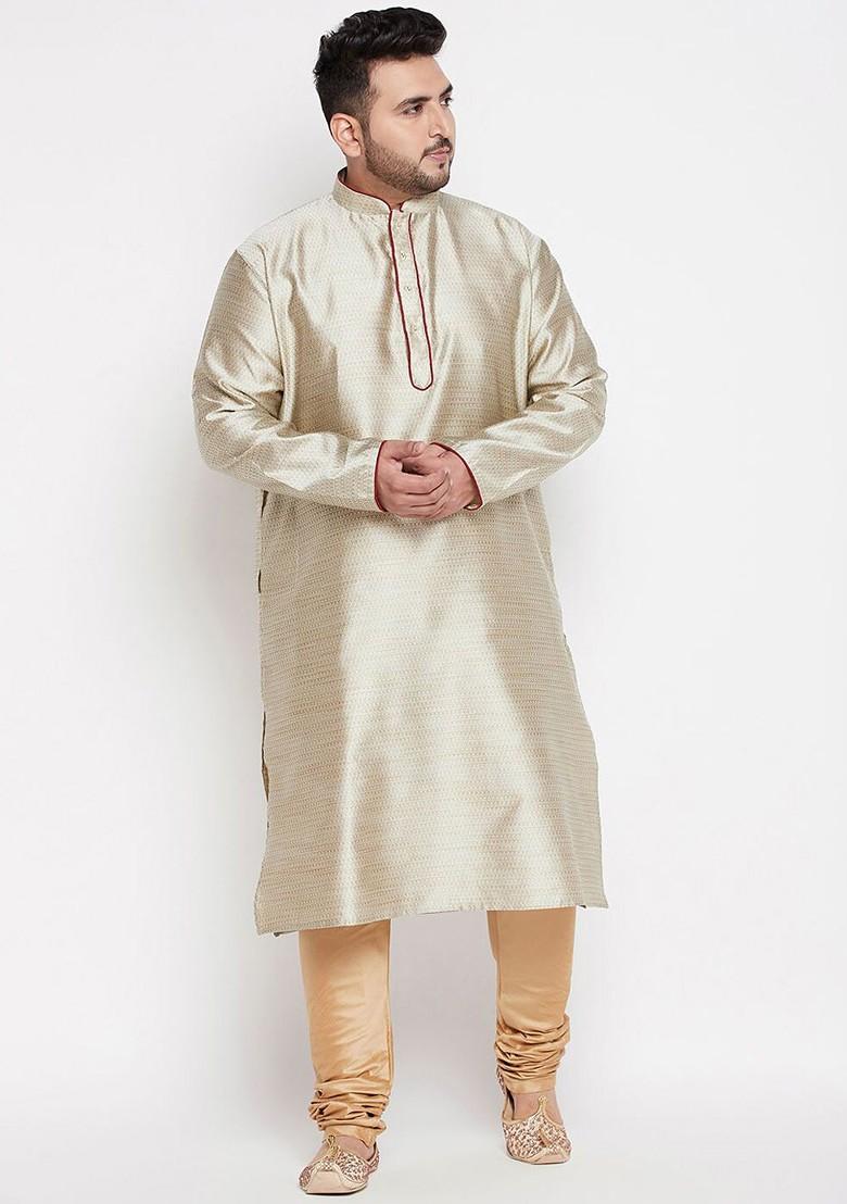 Beige Solid Silk Kurta For Men