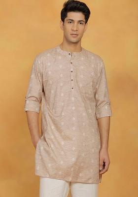Beige Printed Cotton Kurta For Men