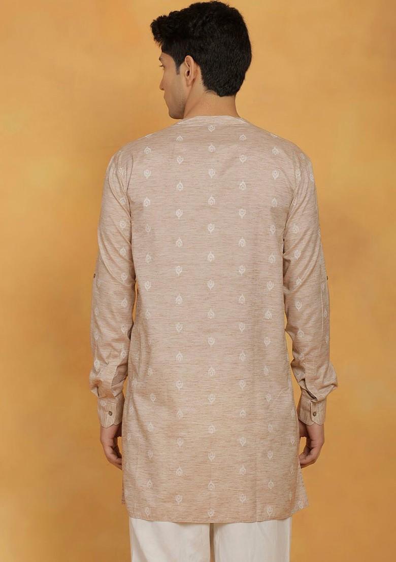 Beige Printed Cotton Kurta For Men