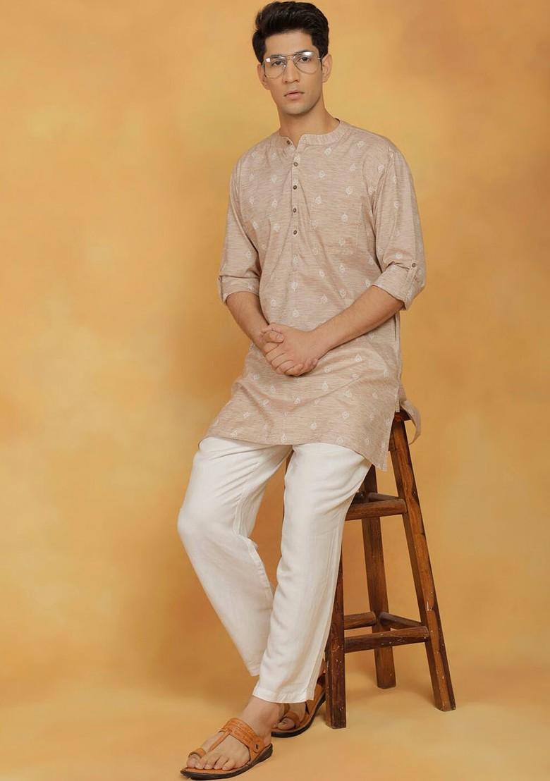 Beige Printed Cotton Kurta For Men
