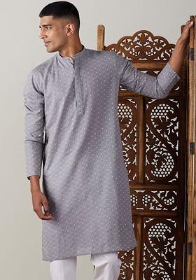 Grey Embroidered Jacquard Kurta For Men