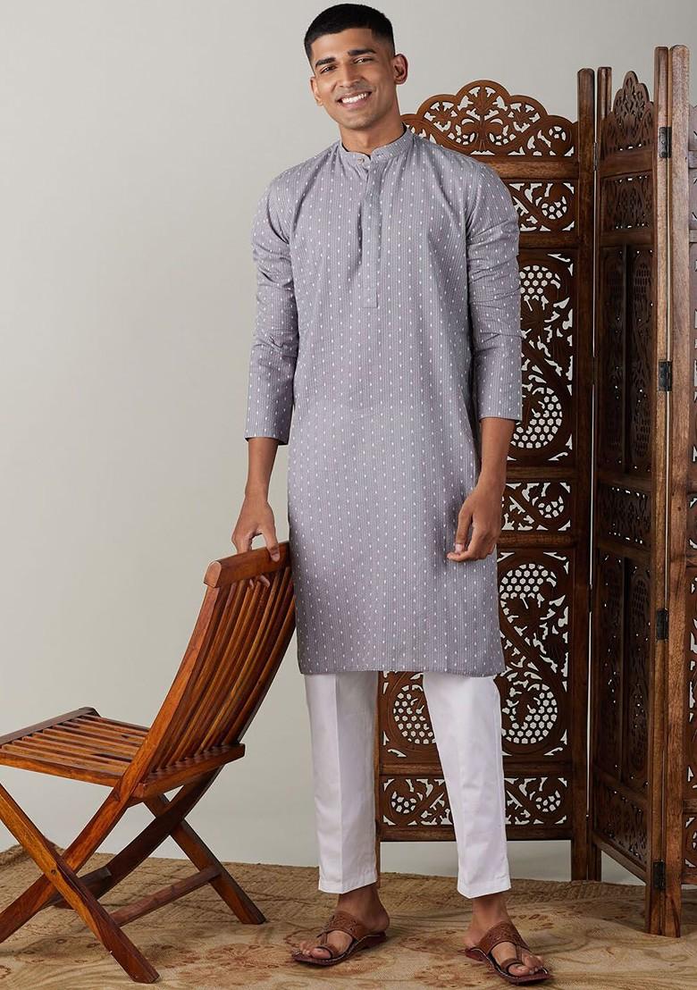 Grey Embroidered Jacquard Kurta For Men
