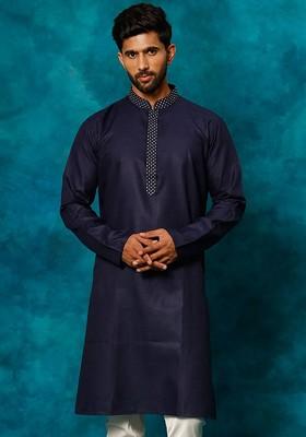 Navy Blue Solid Poly Blend Kurta For Men